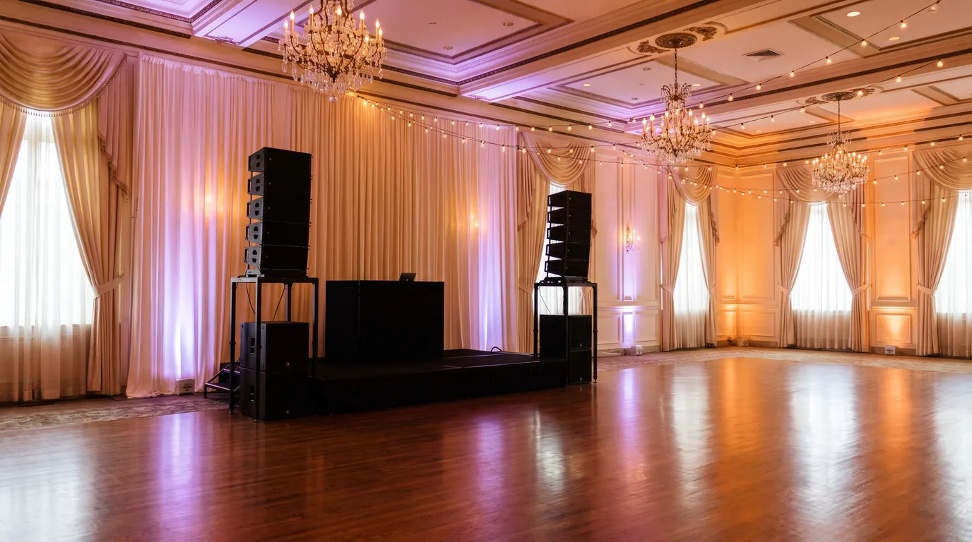 Montaje de audio e iluminación cálida en un salón de eventos elegante