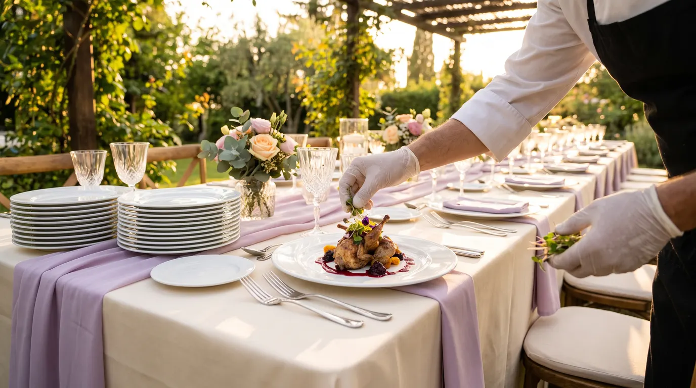 Servicio de banquete emplatando en una mesa con mantelería crema y lavanda