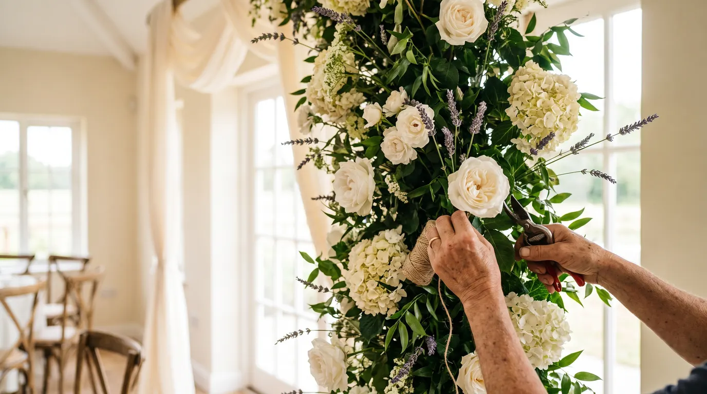 Manos de florista armando un arco floral blanco y lavanda en un venue elegante