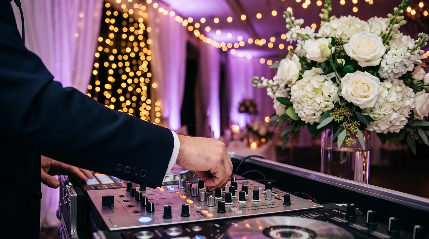 Cabina de DJ en una recepción nocturna con luces cálidas y ambiente lavanda